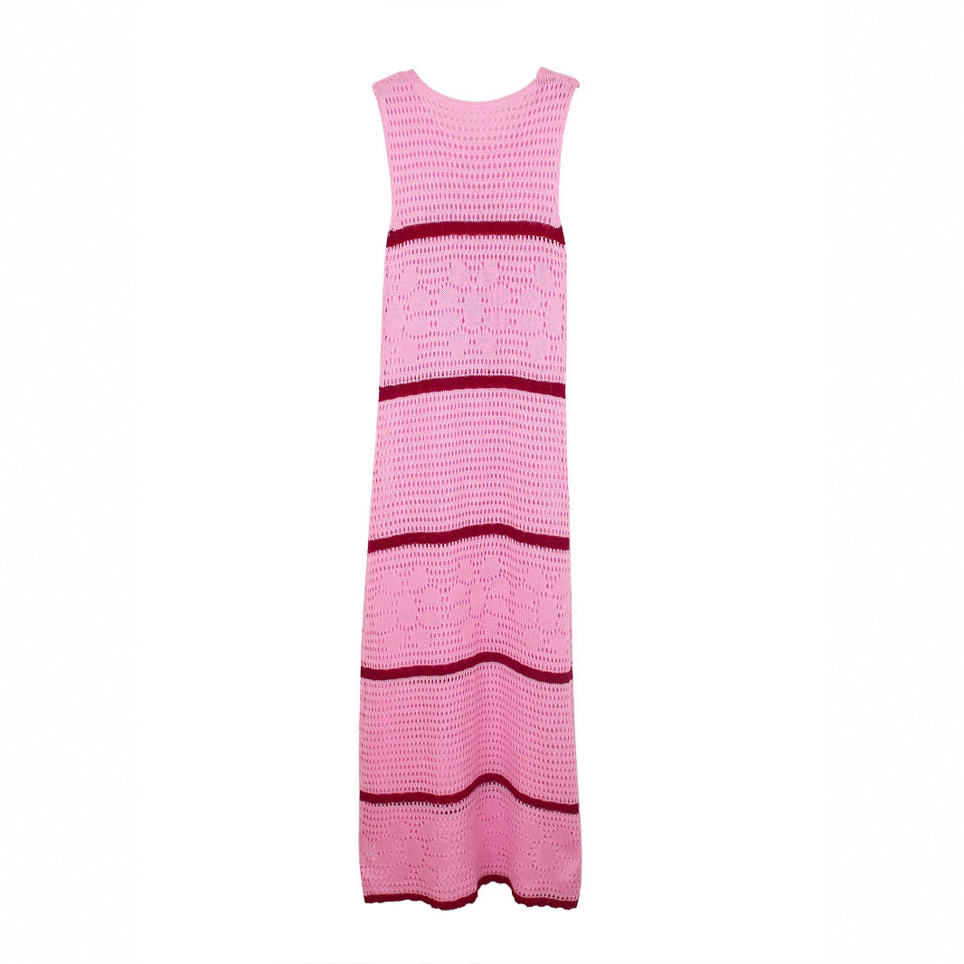Knitted Contrast Color Hollow Vest Dress – Sleeveless Long Skirt