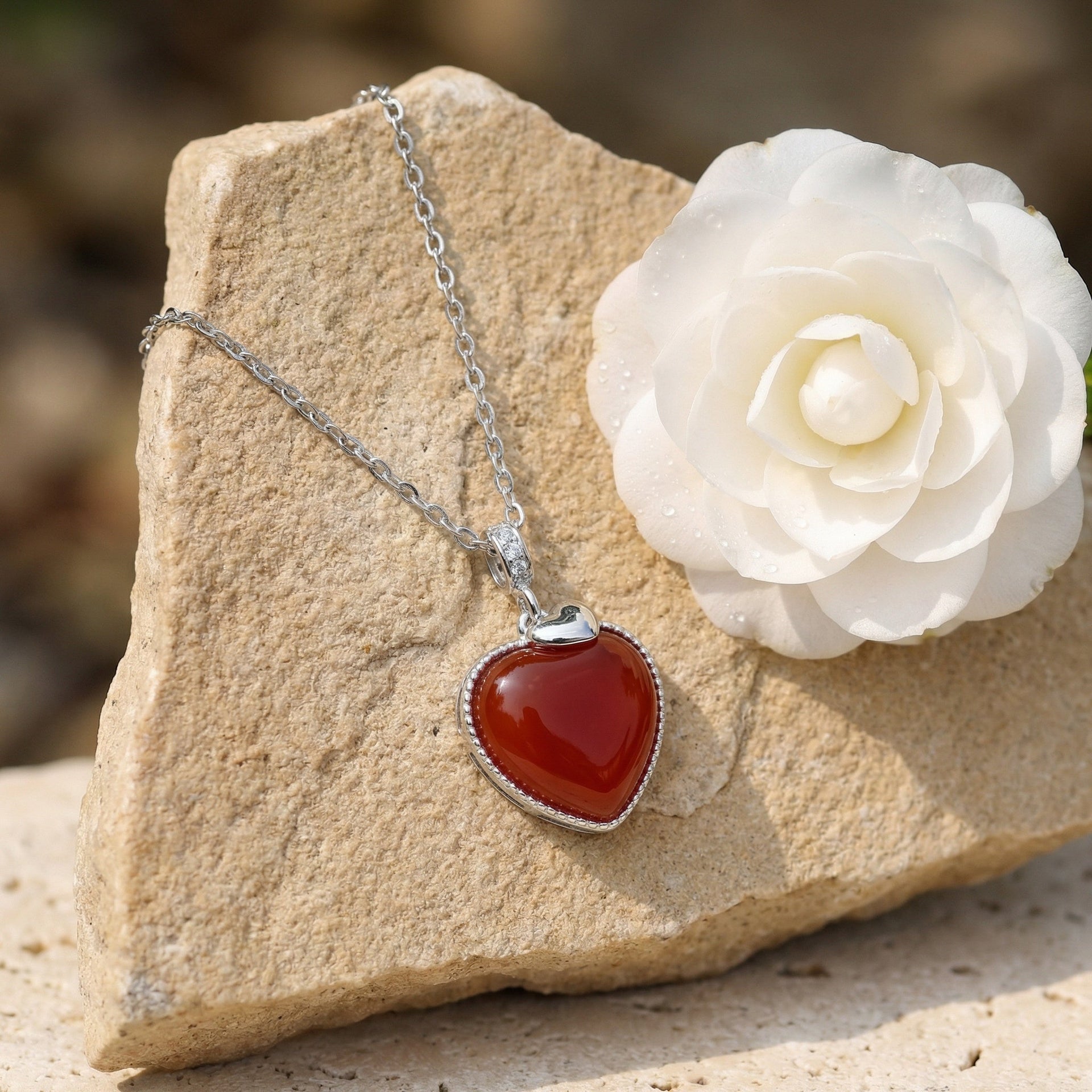 Sterling Silver Heart Necklace with Vibrant Red Gemstone Pendant