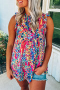 Rosy Boho Abstract Print Ruffle Sleeveless Babydoll Shirt