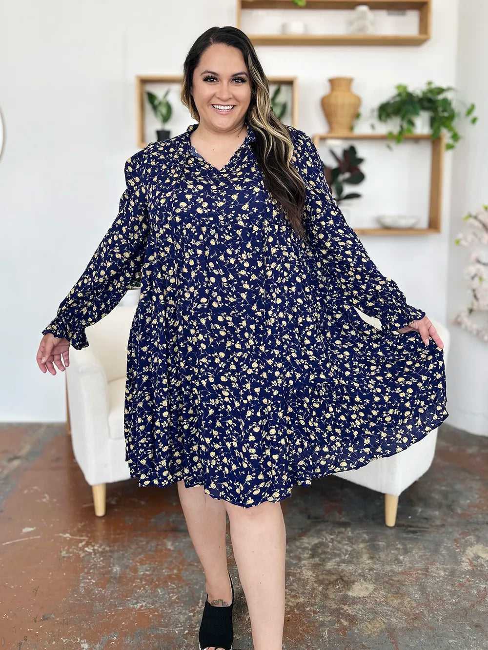 Printed Ruffle Hem Long Sleeve Tiered Midi Dress
