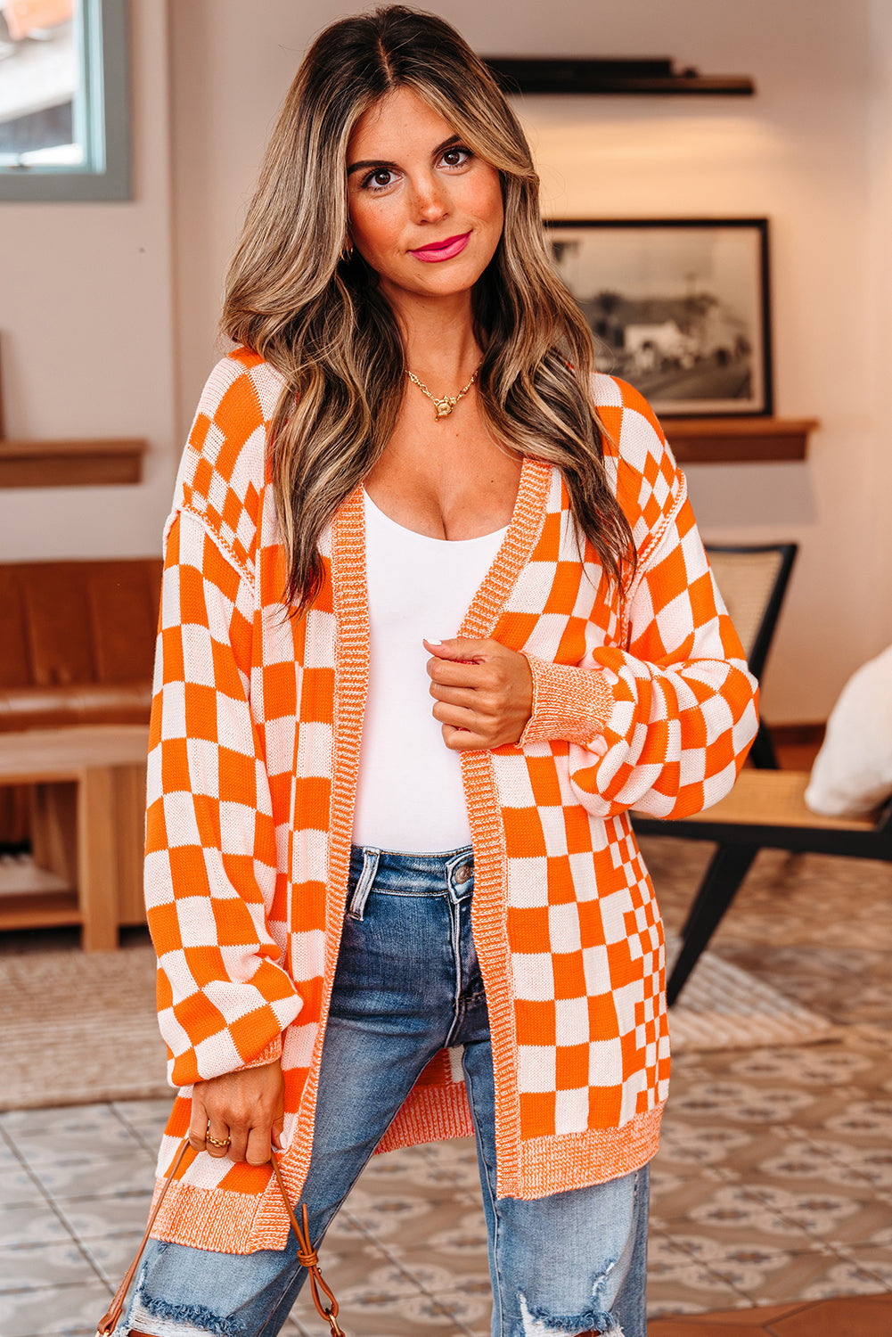 Wrenley Orange White Checkered Open Front Drop Shoulder Cardigan - Image 4