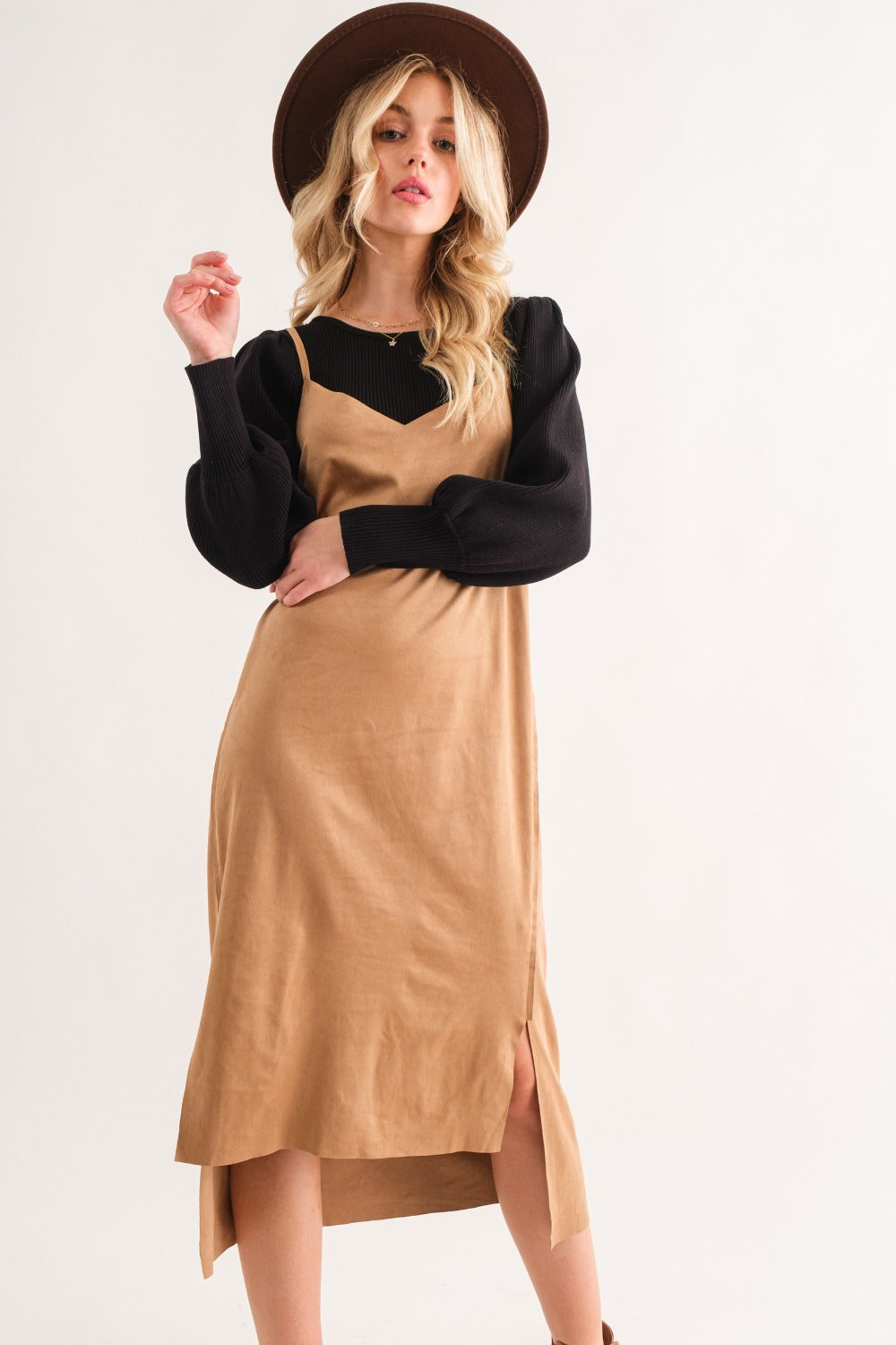 Tan Faux Suede Cami Midi Dress with Slit Detail
