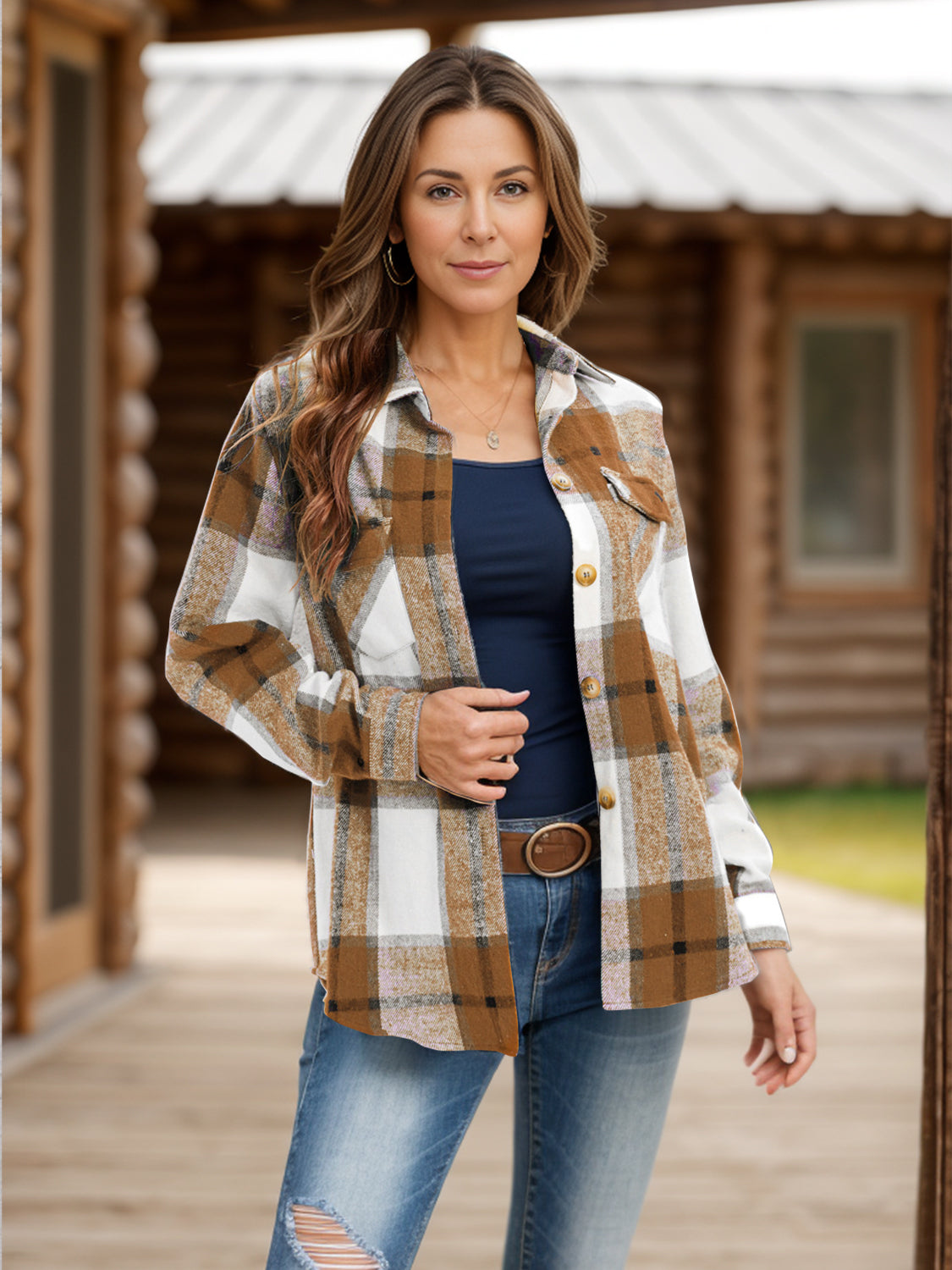 Women's Plaid Shacket with Collar and Chest Pockets - Image 4