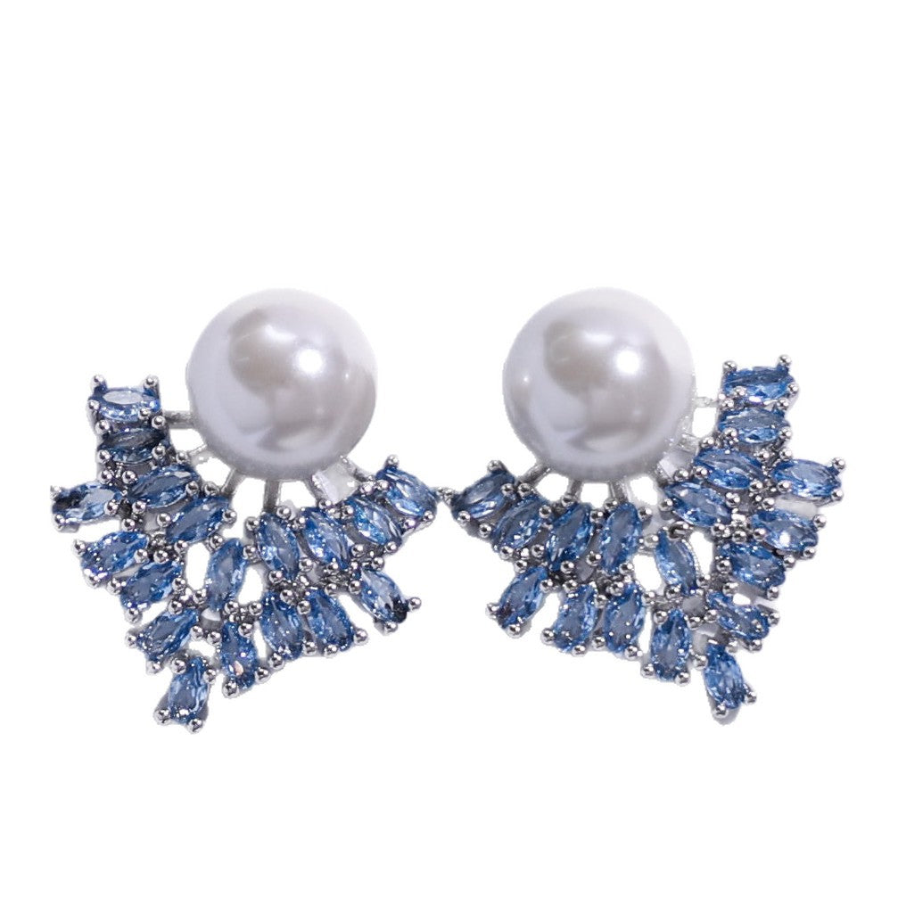 Womens Maple Leaf Pearl Inlaid Stud Earrings,Rhinestone Decorated Costume Earrings For Banquet Party Wear