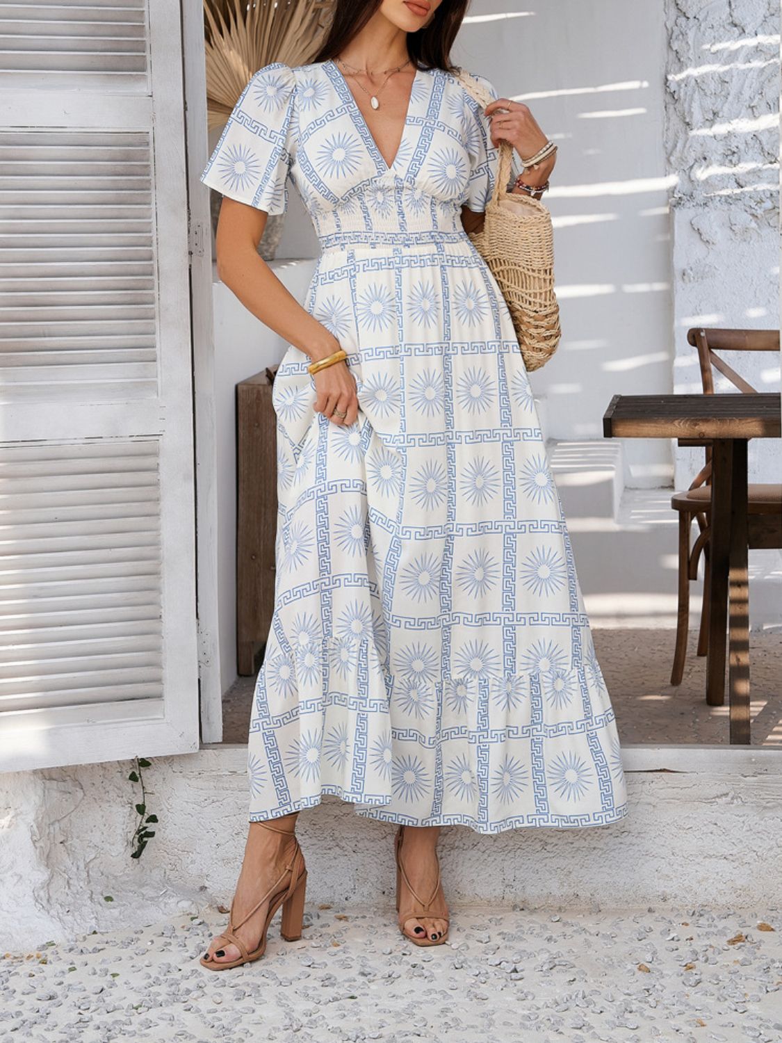 Printed V-Neck Short Sleeve Maxi Dress with Smocked Detail