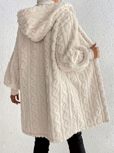 Beige Long Winter Open Front Fuzzy Hooded Jacket