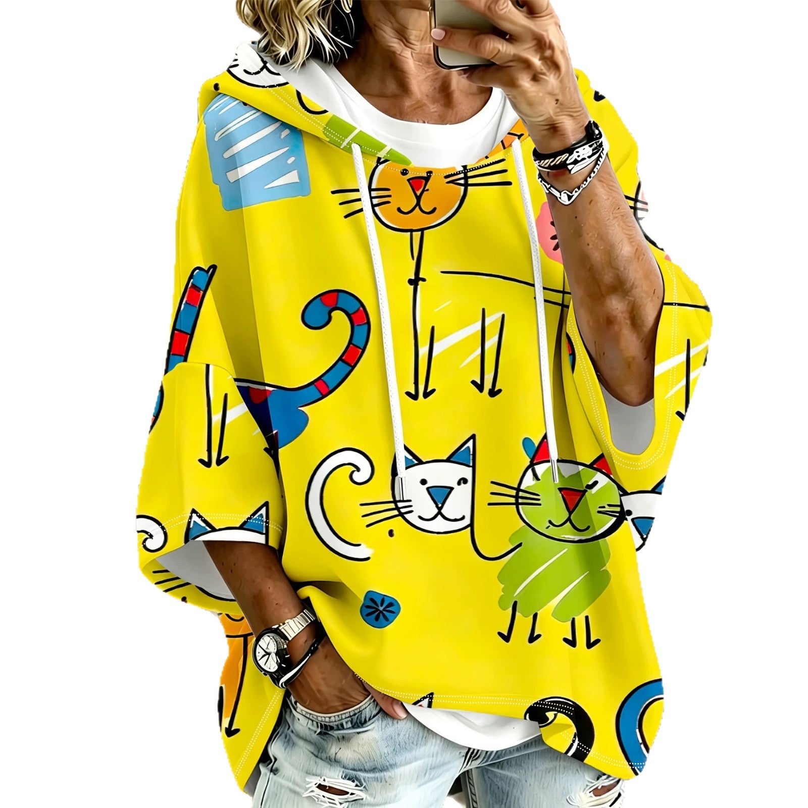 Cartoon Cat Print Hoodie with 3/4 Sleeves & Drawstring