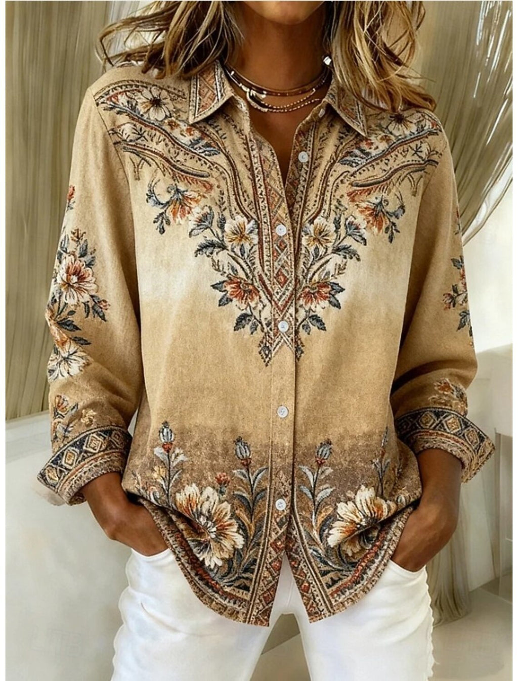 Women's Floral Print Long Sleeve Lapel Button-Down Blouse - Image 6