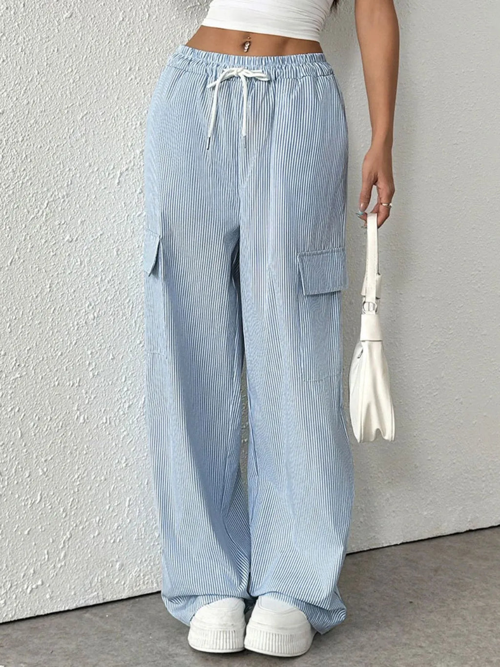 Drawstring Striped Wide Leg Cargo Pants