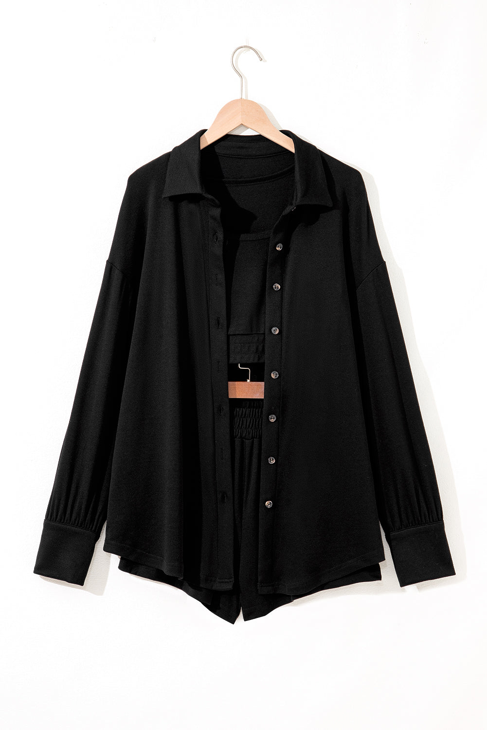 Gray Shirred Hem Crop Tank Top Loose Shorts Cardigan 3 Piece Pajama Set