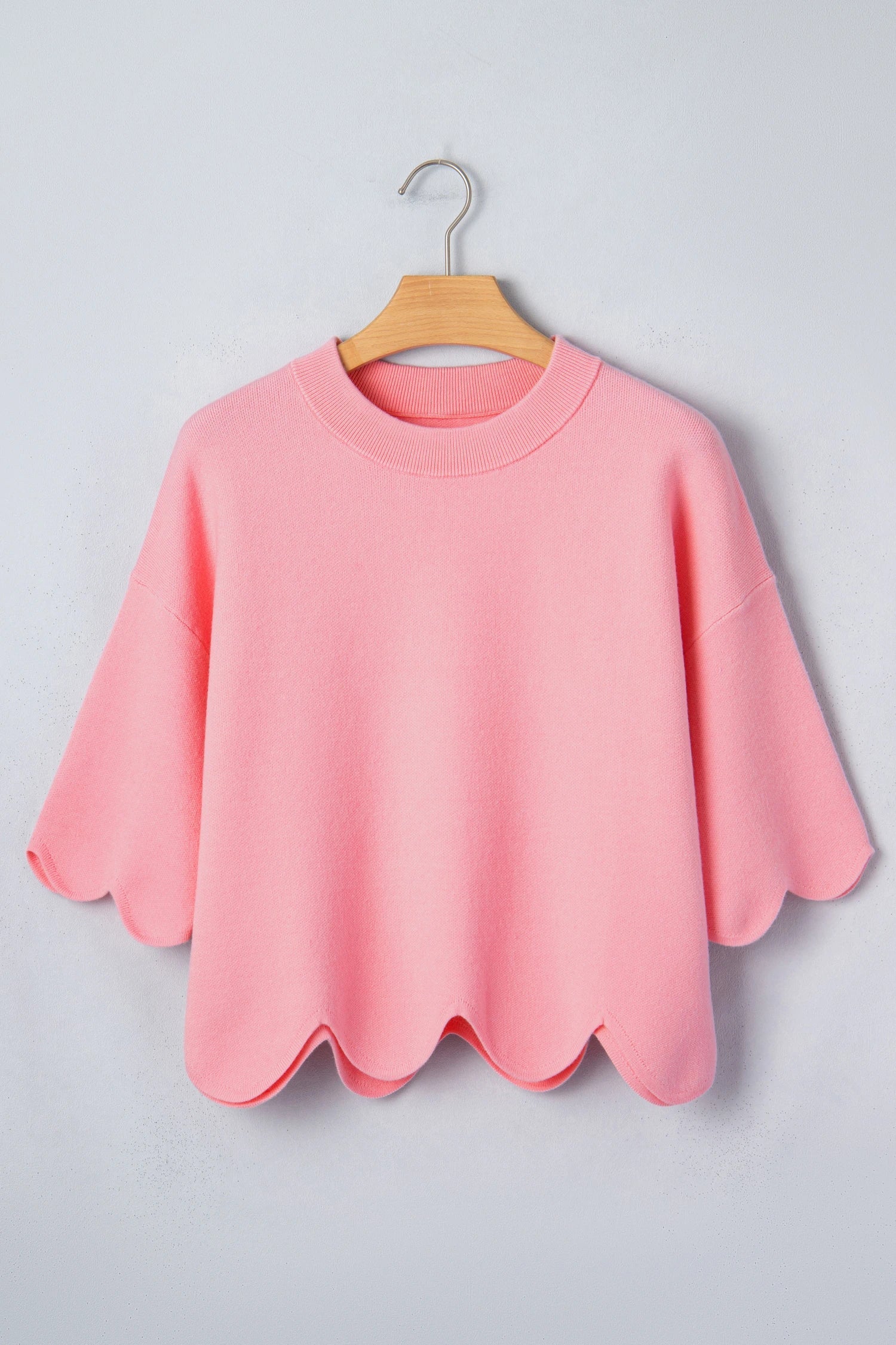 Lightweight Solid Scalloped Hem Knit Sweater Top - Image 3