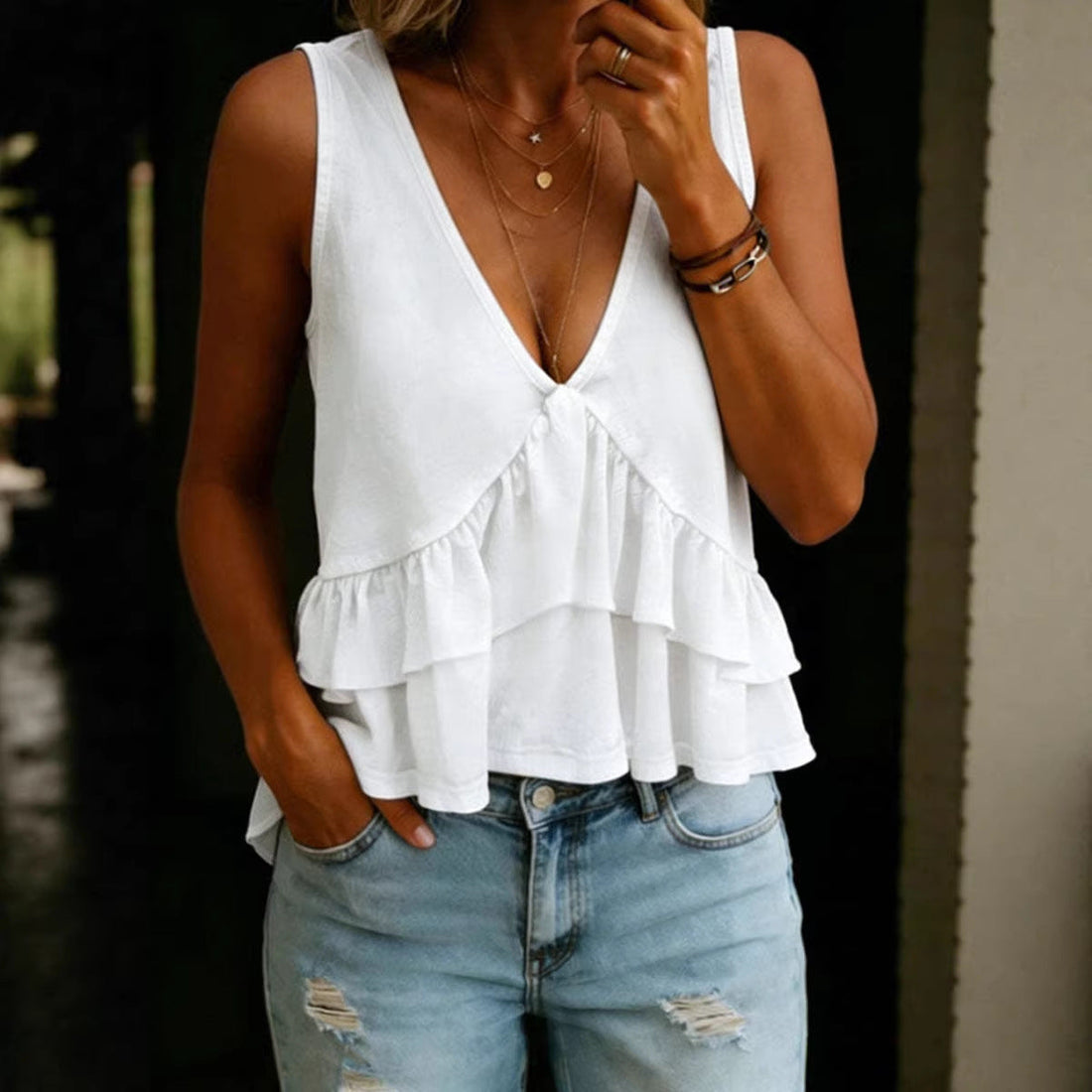 V-Neck Ruffled Sleeveless Vest Top for Women