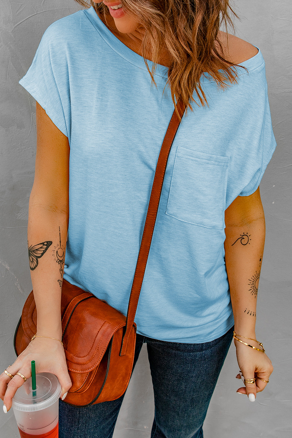 Light Blue Solid Short Sleeve T-Shirt with Patch Pocket
