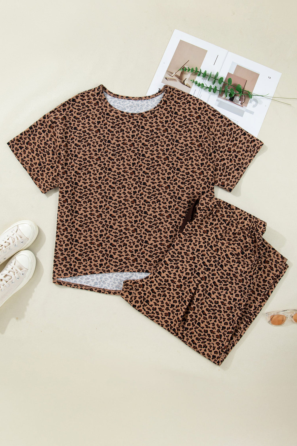 Leopard Print Short Sleeve Top and Pleated Pants Set