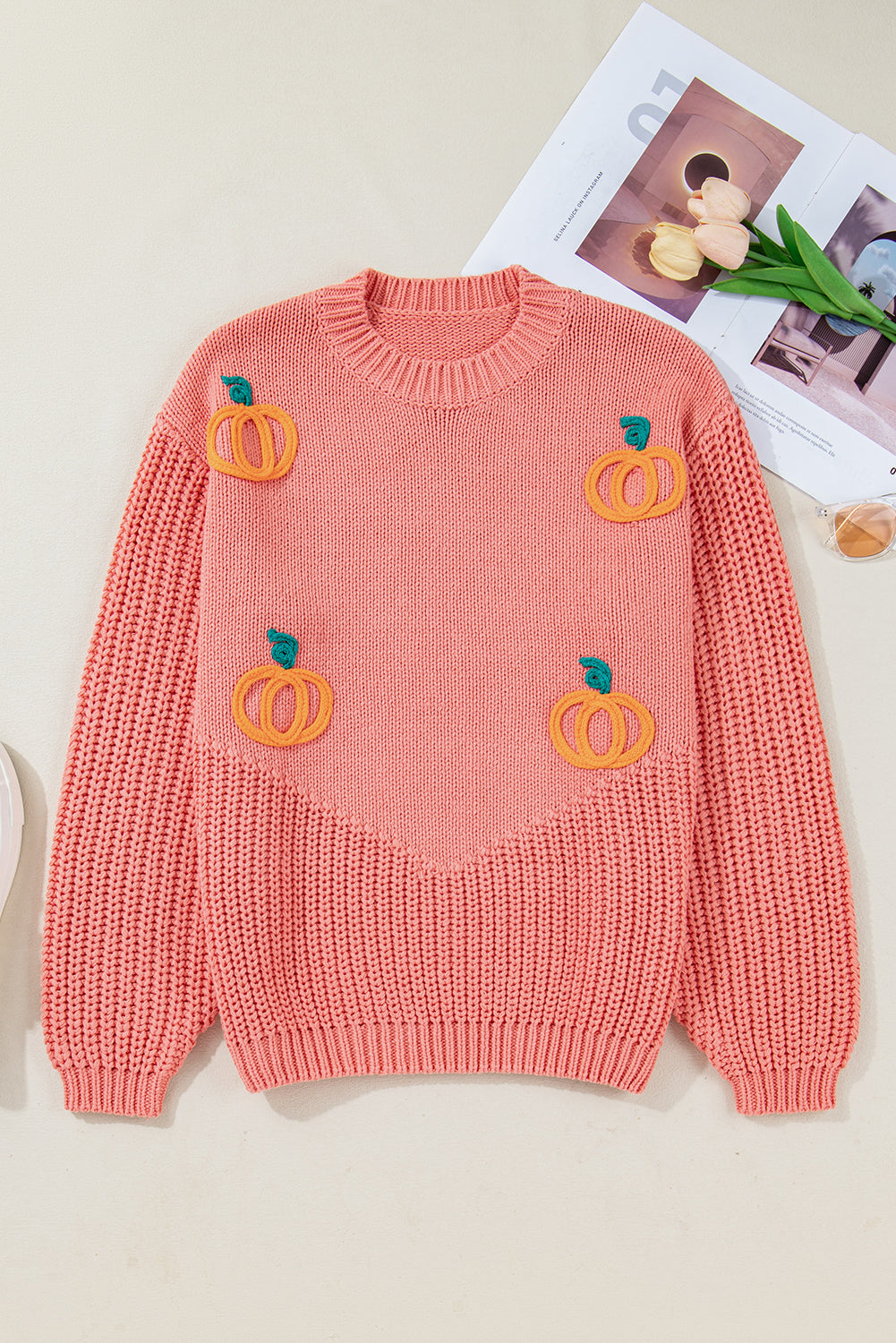 Women's Pumpkin Embroidered Thanksgiving Crew Neck Knit Sweater