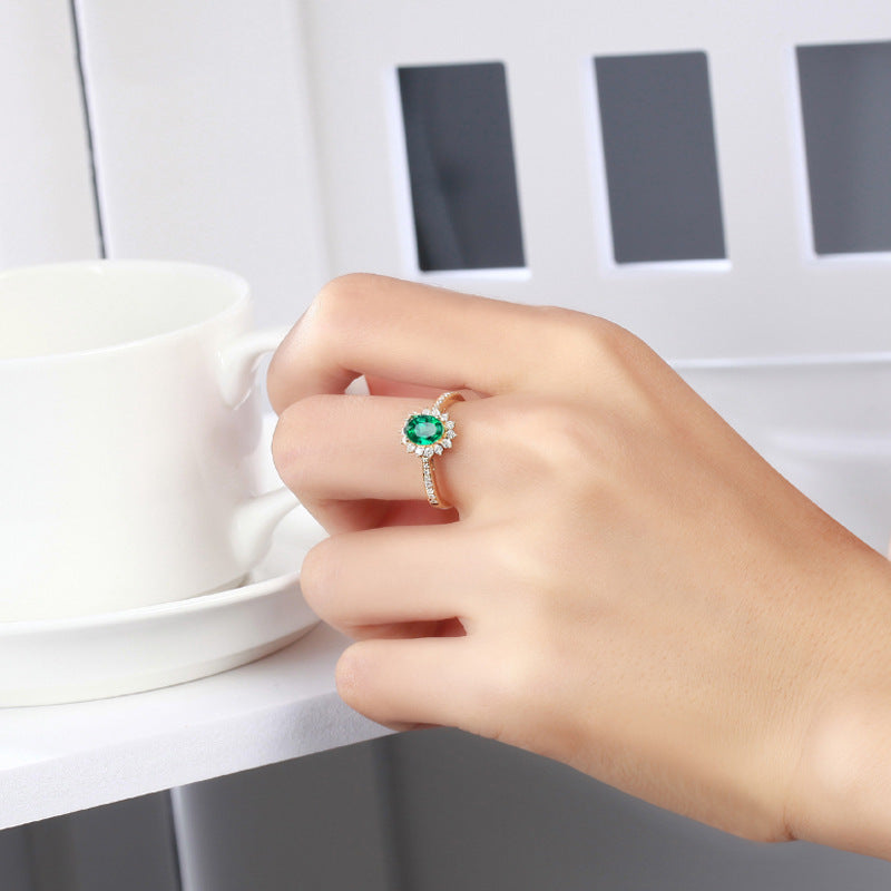 Adjustable Simulated Emerald & Simulated Diamond Ring For Women, Faux Gemstone Statement Band