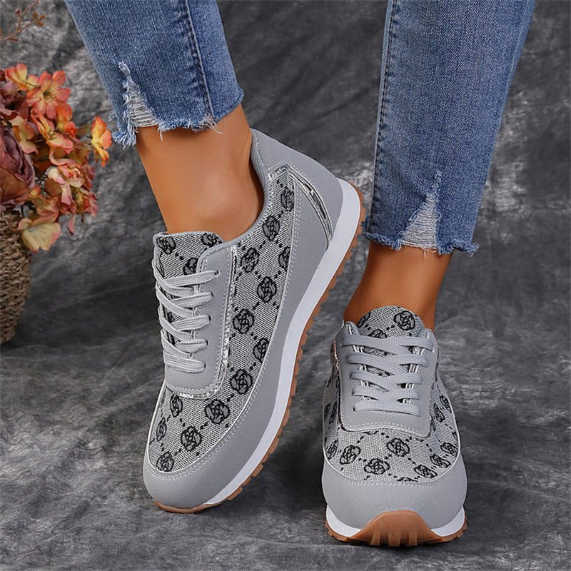 Women's Floral Print Lace-Up Sneakers Comfortable Casual Shoes