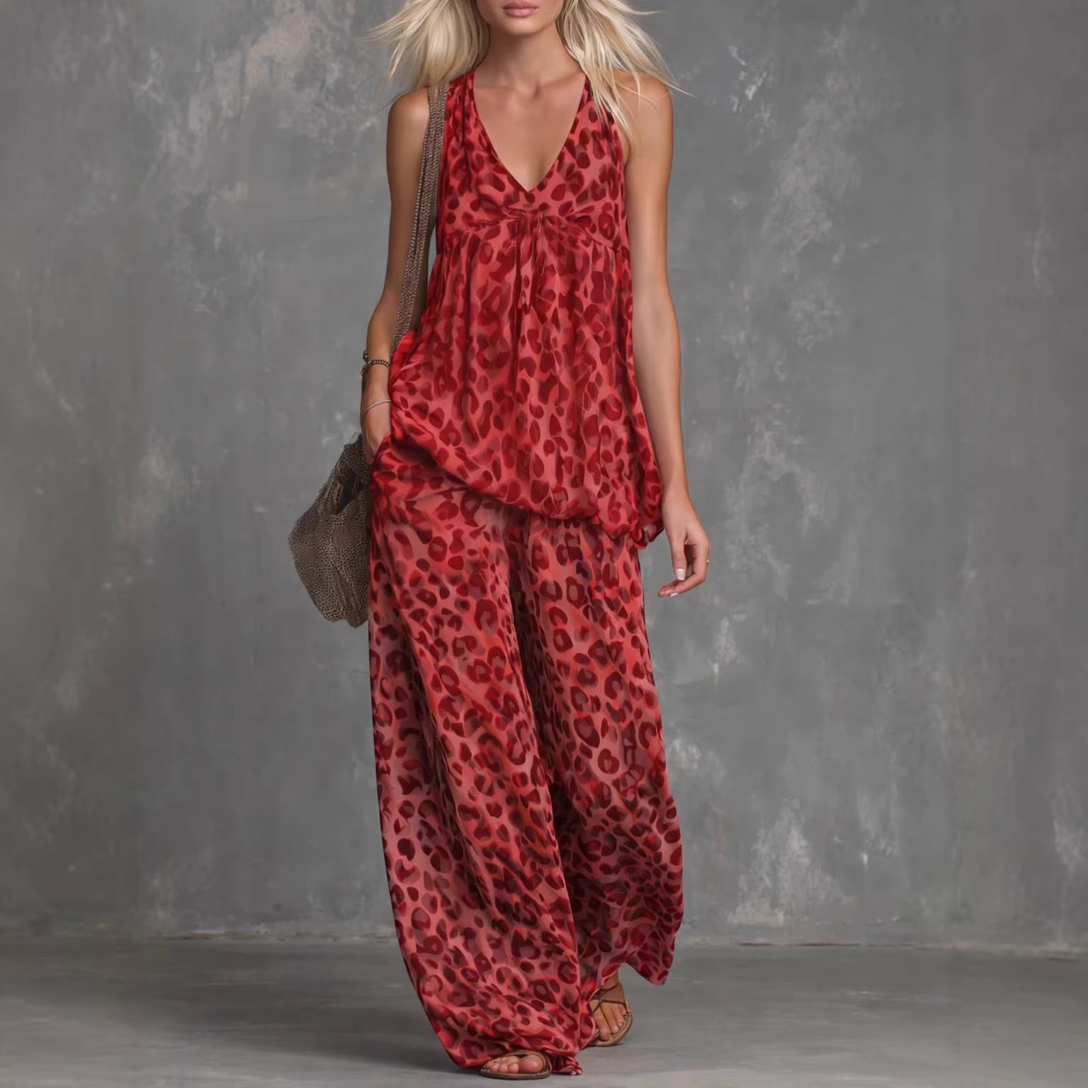 Women’s Leopard Print Sleeveless Tank Top and Wide-Leg Chiffon Pants Set - Image 3