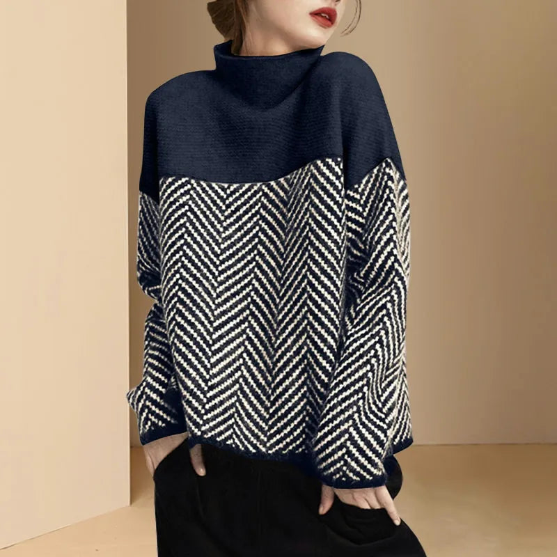 Women's Chevron Pattern Mock Neck Sweater Soft Knit Pullover - Image 16