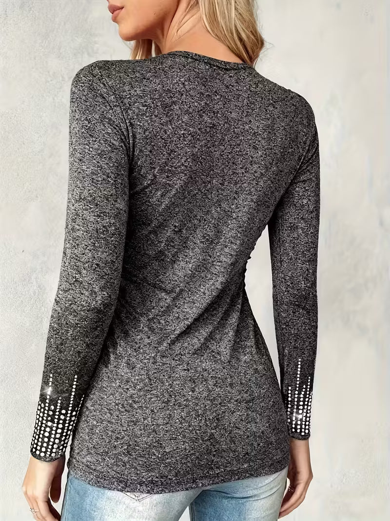 Women's V-Neck Long Sleeve Wrap Top with Rhinestone Accents - Image 3