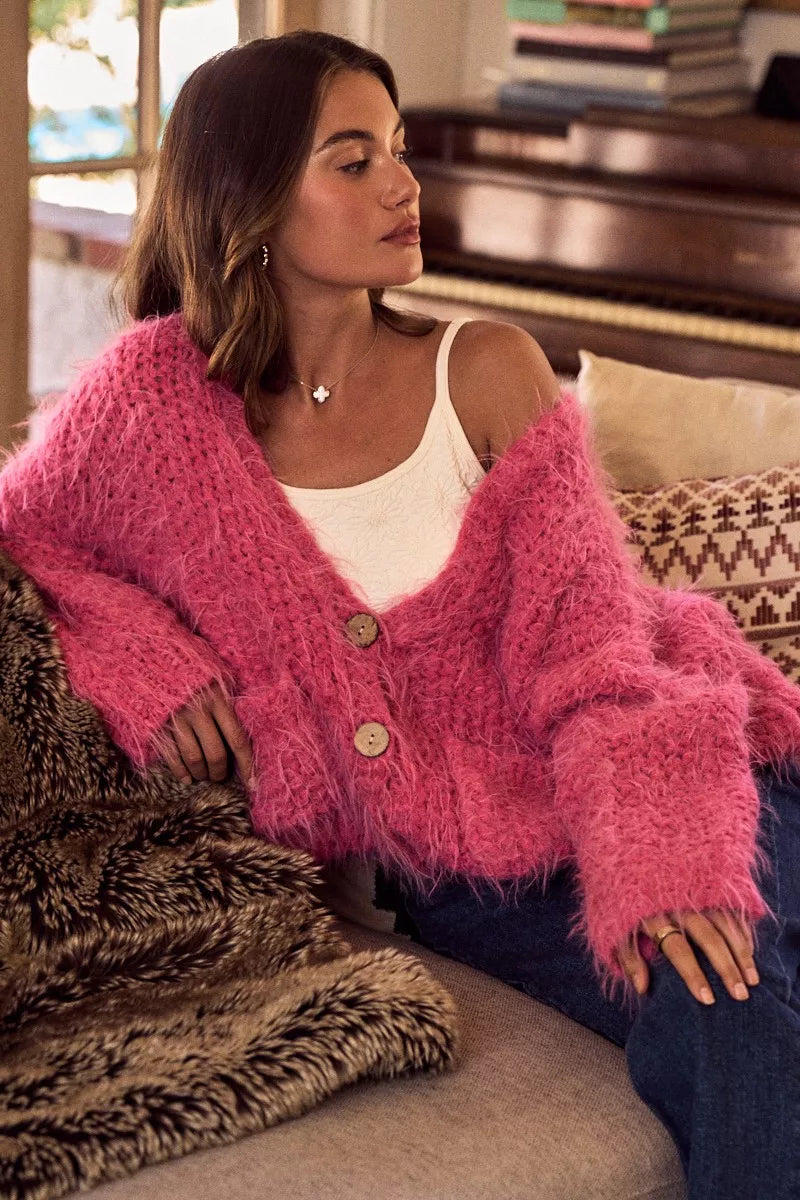 Soft Touch Hairy Loose Fit Cozy Sweater Cardigan in Pink