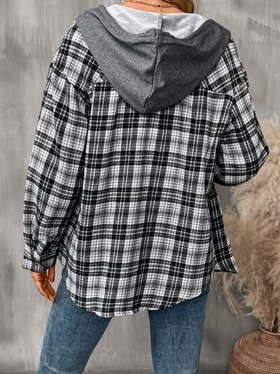 Women's Plaid Button-Down Hooded Jacket Cotton-Blend Shacket