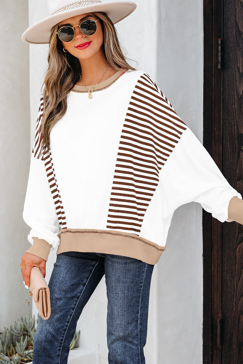 Zyla Contrast Stitching Oversized Striped Colorblock Sweatshirt - Image 3