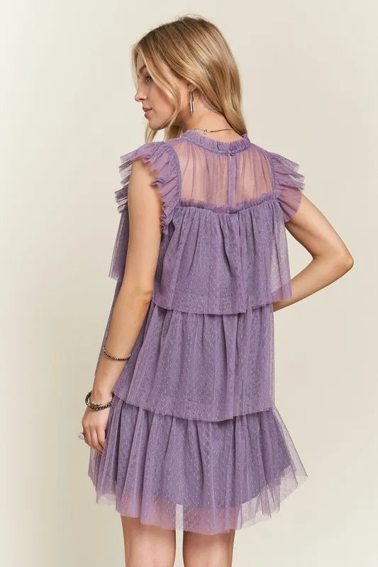 Layered Ruffled Cap Sleeve Mesh Dress for Elegant Events
