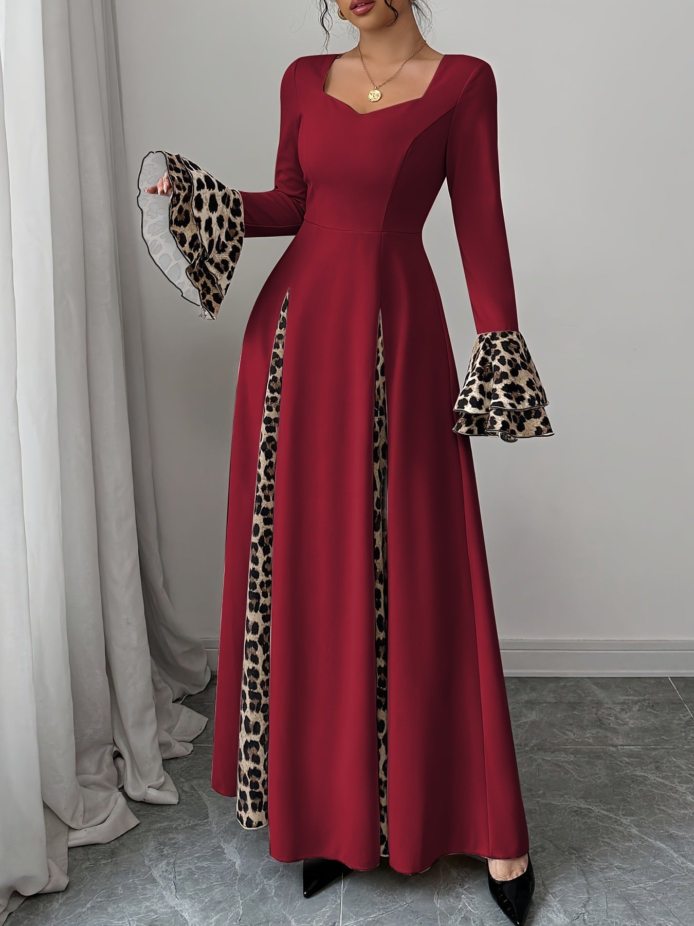 Burgundy Leopard Print Long Dress with Bell Sleeves