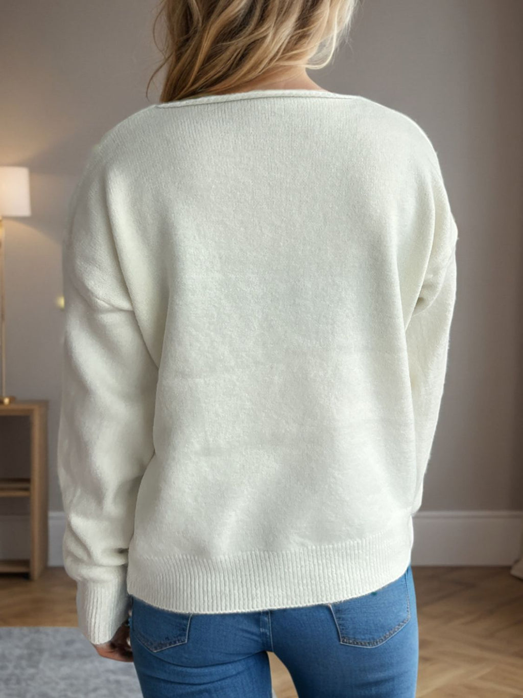 Women's V-Neck Dropped Shoulder Long Sleeve Knit Sweater - Image 3
