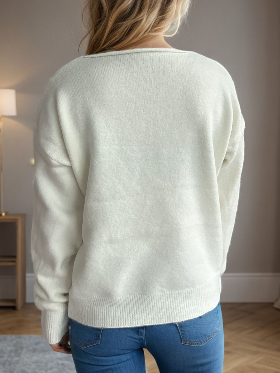 Women's V-Neck Dropped Shoulder Long Sleeve Knit Sweater - Image 3