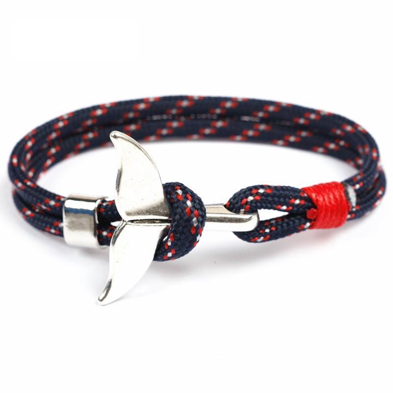 Unisex nautical whale tail rope bracelet in silver and navy, suitable for casual outdoor styling.
