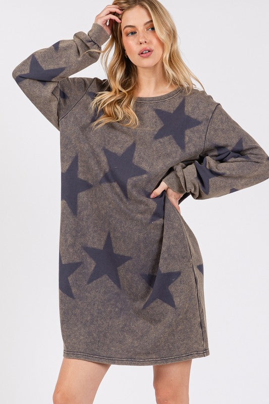 Casual charcoal and black star print lounge dress with a round neckline
