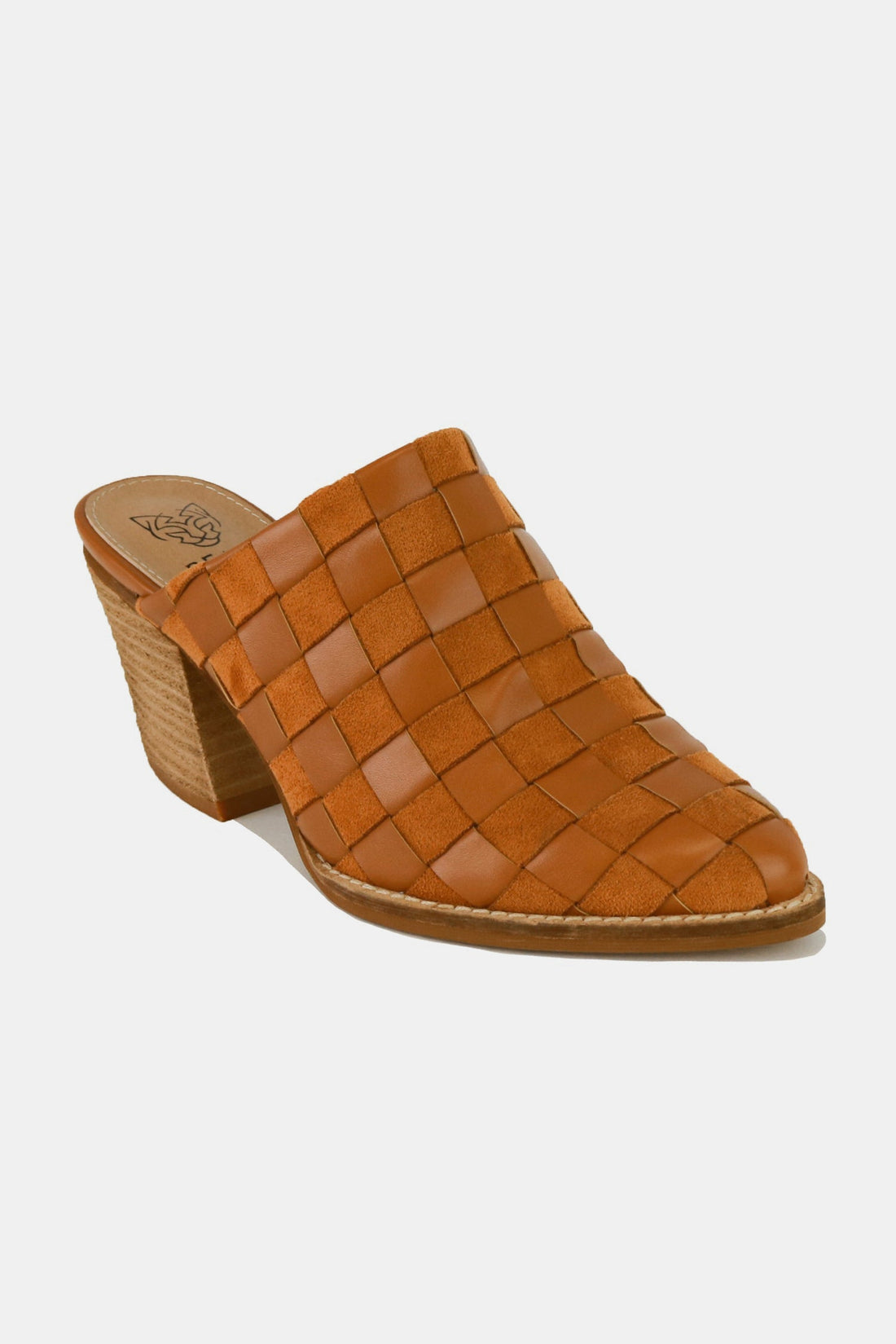 Woven Checkerboard Block Heel Mule Shoes in Tan