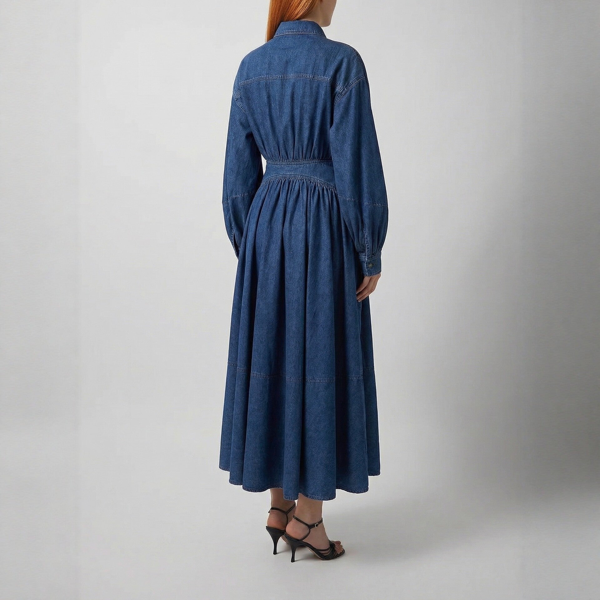 Women's Denim Puff Sleeve Shirt Dress with Belt
