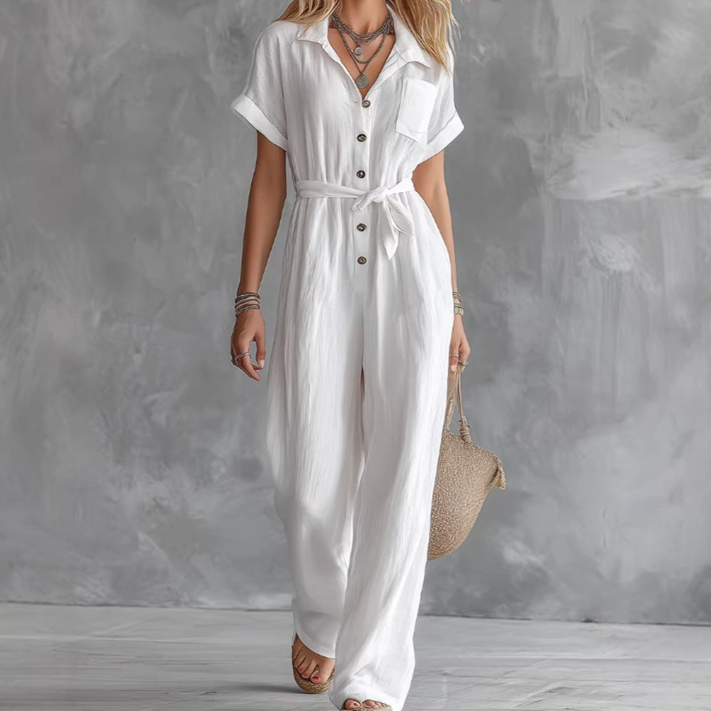 Women's Loose White Button-Down Jumpsuit with Waist Tie and Pockets - Image 4