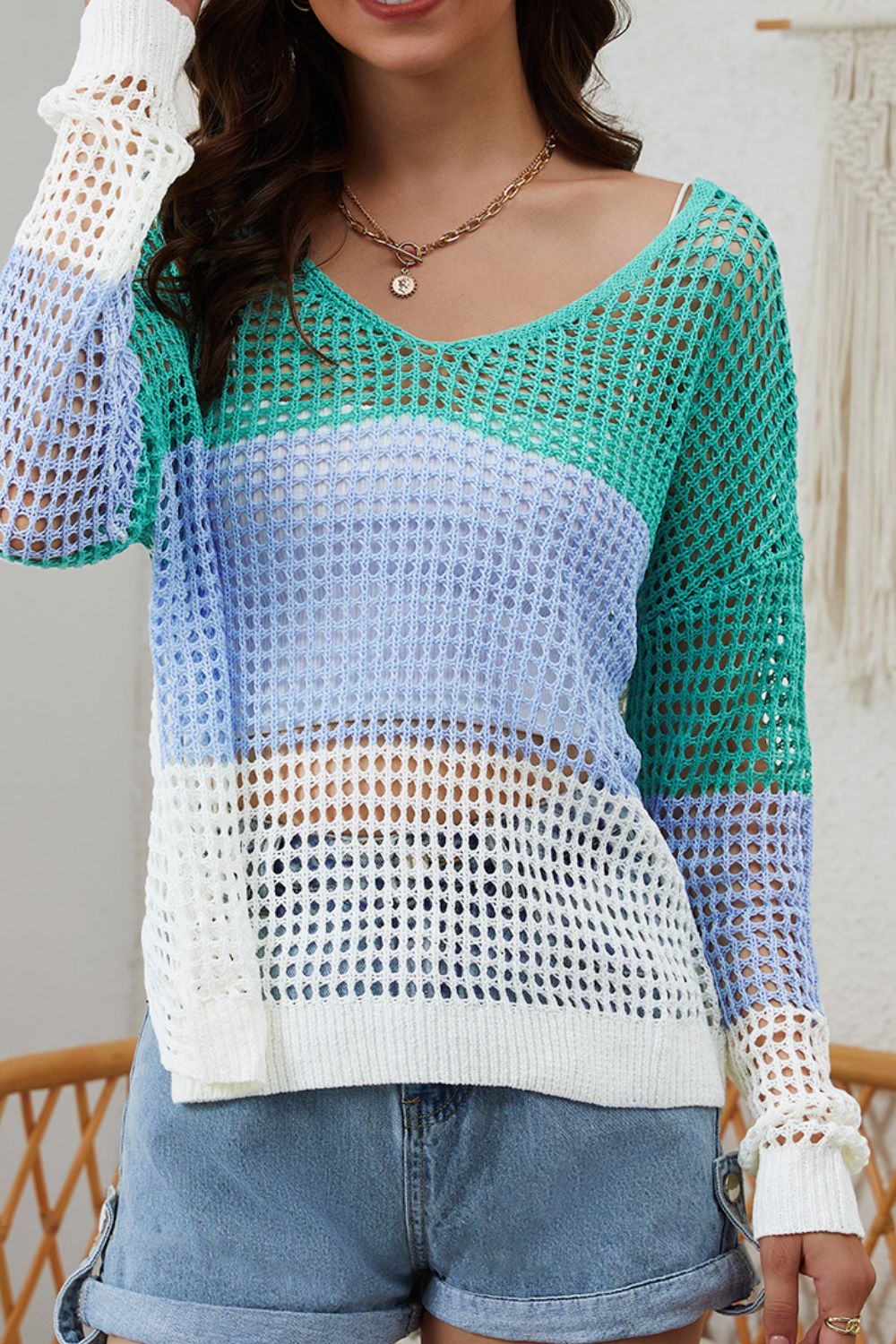 Back To School Sweater - Twisted Back Color Block Long Sleeve Knit Cover Up