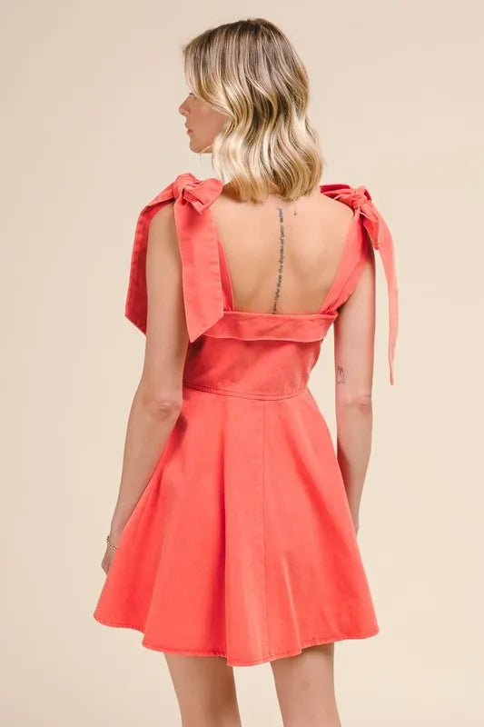 SO ME Fit and Flare Washed Denim Gameday Dress - Coral