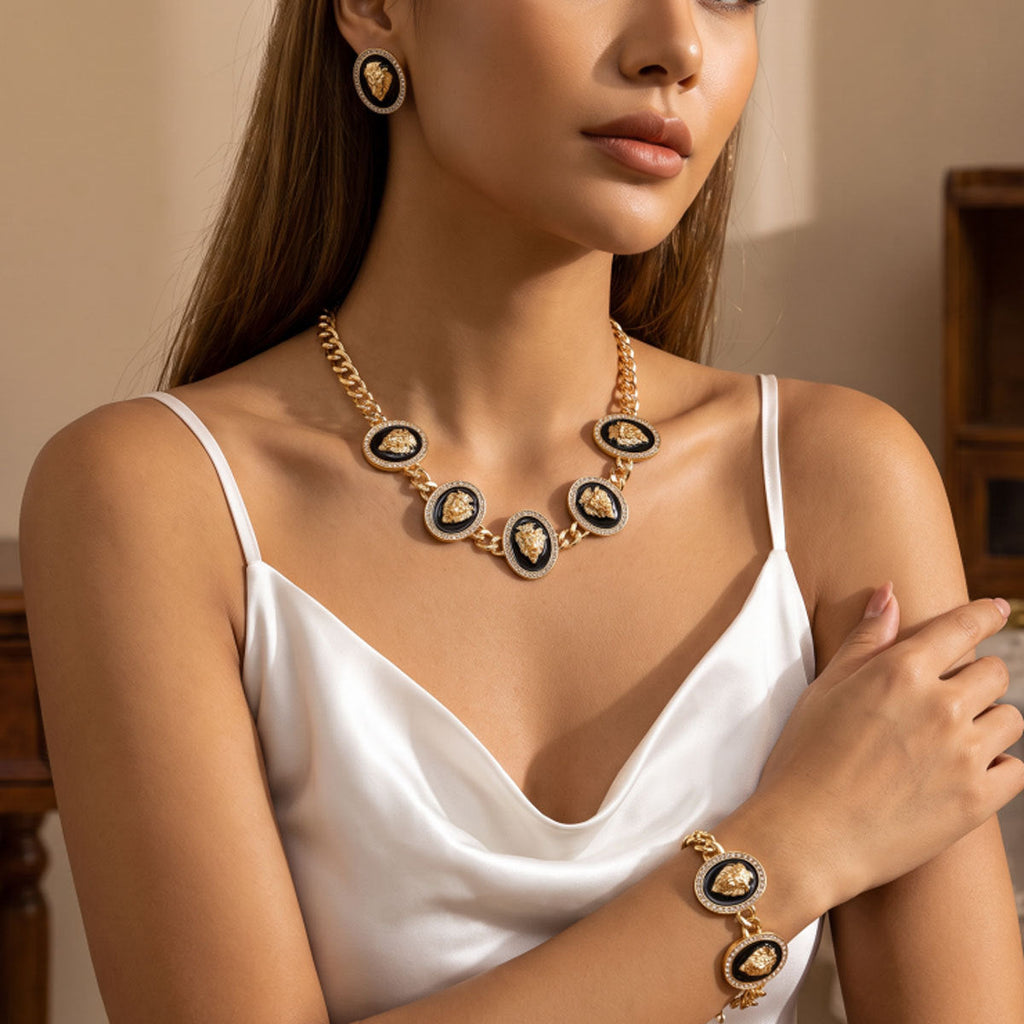 Women Vintage Black Enamel Portrait Head Chunky Cuban CZ 3Pcs Jewelry Set, Matching Necklace Stud Earrings Bracelet Gold Plated Retro Evening Party Gift