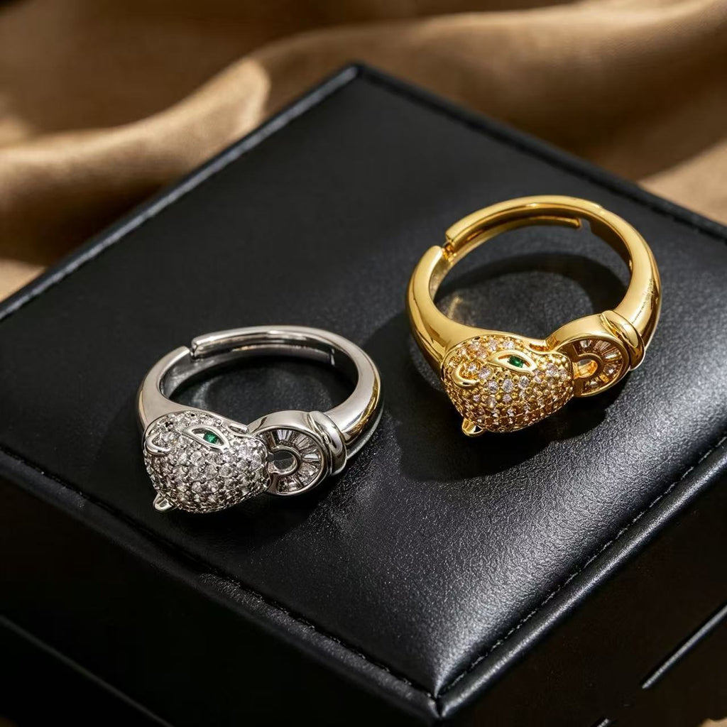 Micro Pave Zircon Leopard Ring For Women, Light Luxury Niche High Sense Fashion Versatile Stackable Retro Adjustable Ring