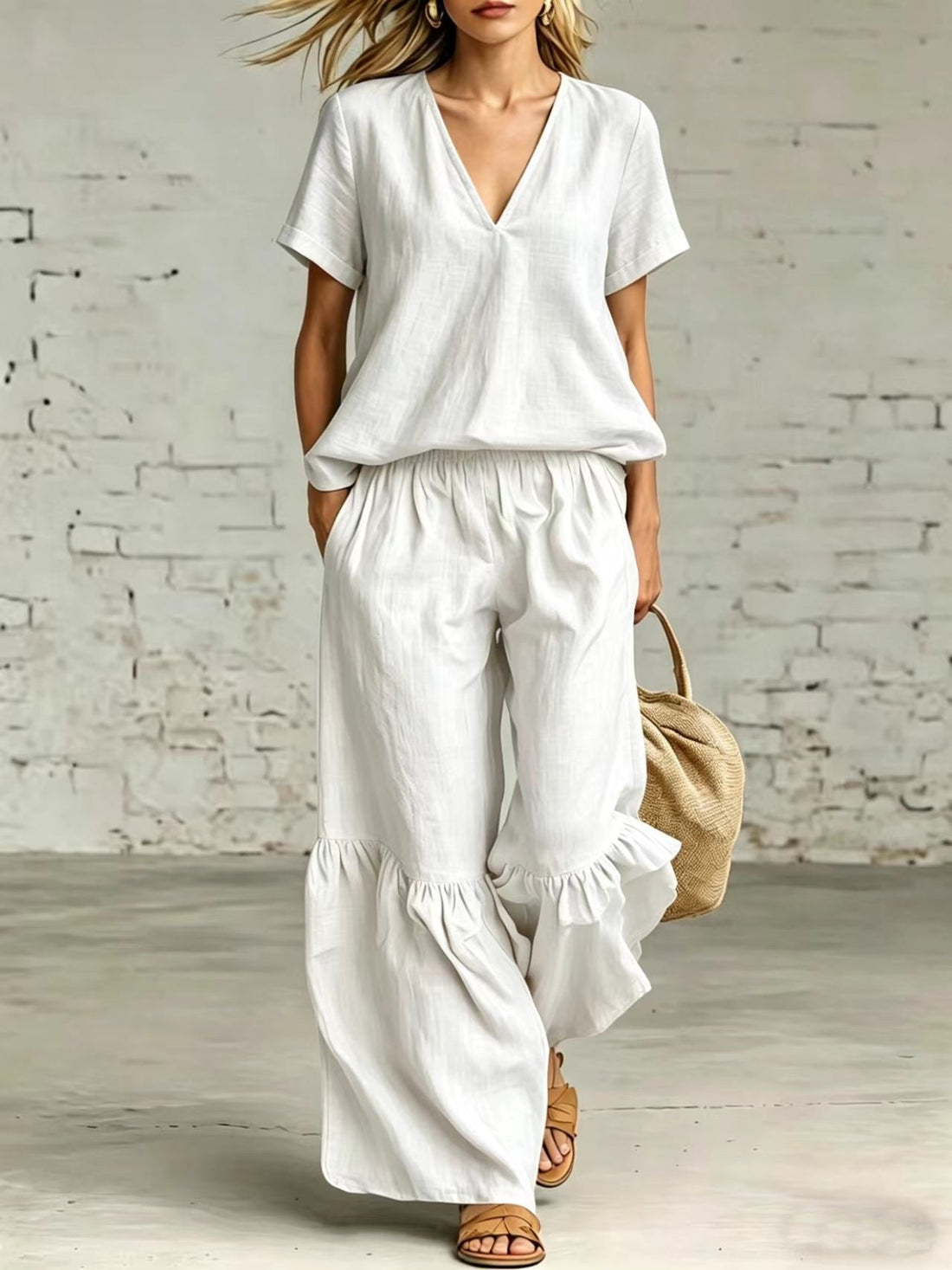 V-Neck Short Sleeve Top and Ruffled Hem Pants Set - Image 11