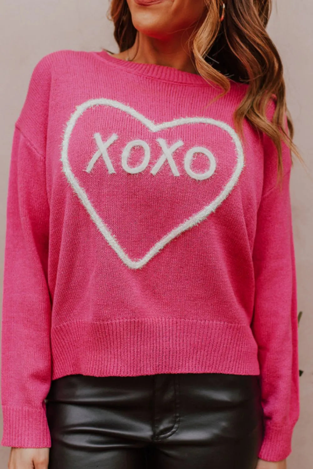 XOXO Heart Graphic Drop Shoulder Sweater in Pink and White - Image 3