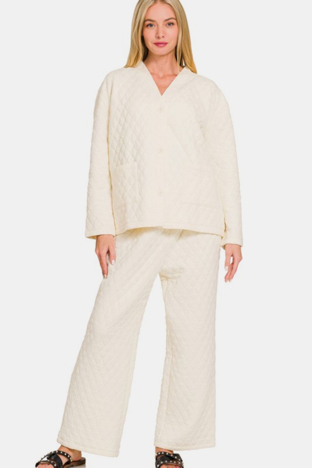 Zenana Quilted Button Up Long Sleeve Lounge Set