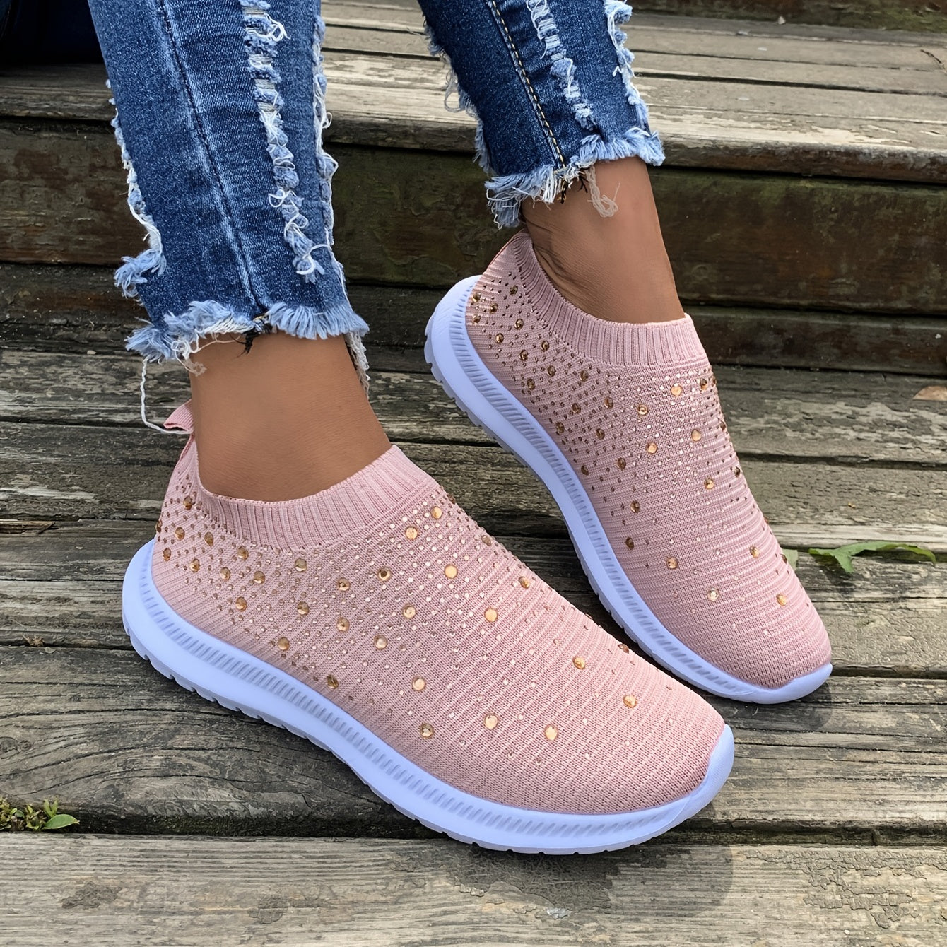 Women's Rhinestone Rainbow Color Block Breathable Mesh Sneakers - Image 7
