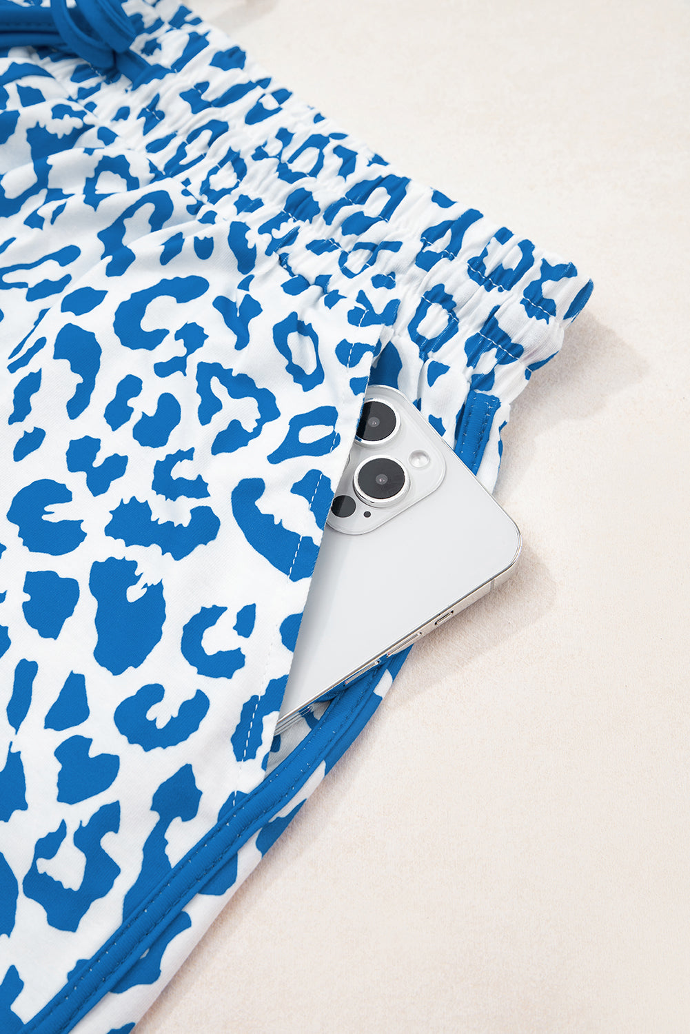 Blue Leopard Elastic Waistband Lace-Up Shorts