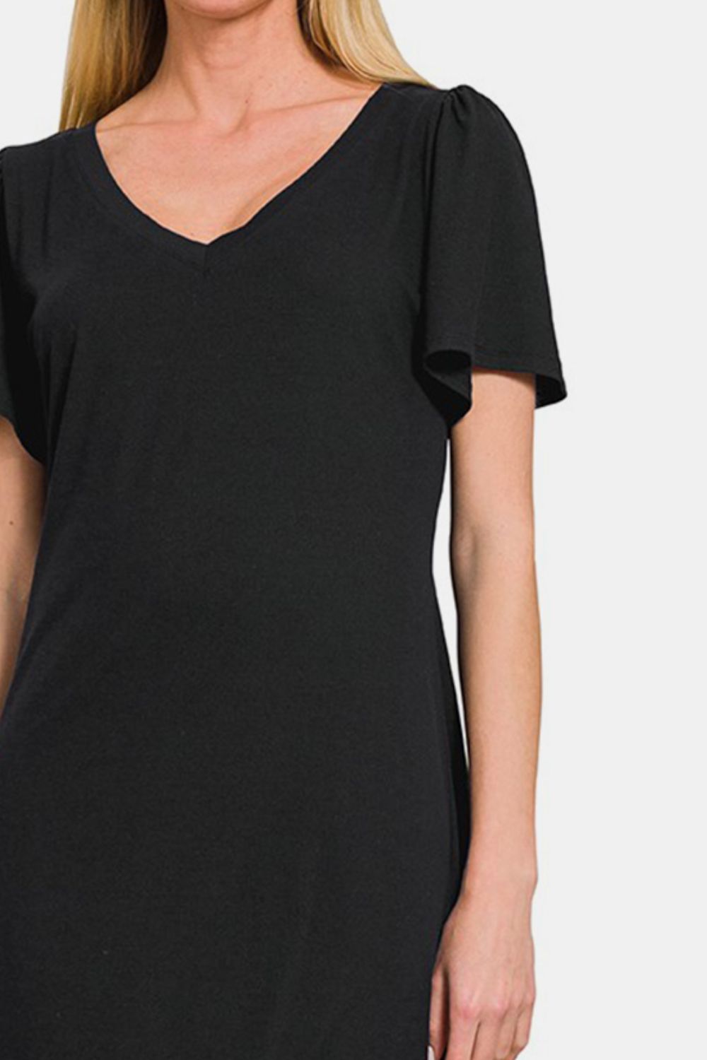 Classic V-Neck Short Sleeve Dress in Solid Black