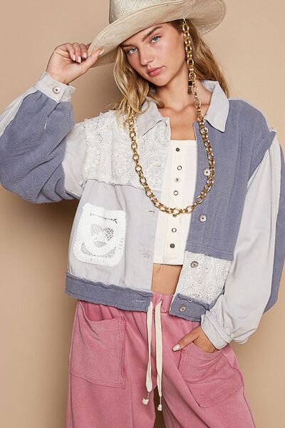 Artistic Crochet Patchwork Button Up Jacket in Grey Blue White
