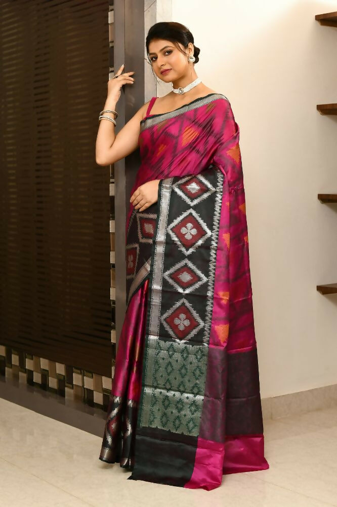 Black & Pink Kataan Ikkat Saree with Woven Details