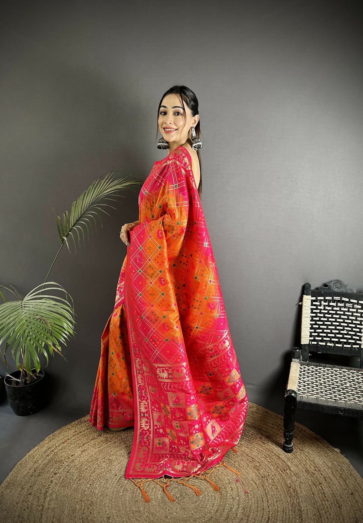 Orange and Pink Geometric Pattern Soft Silk Patola Saree