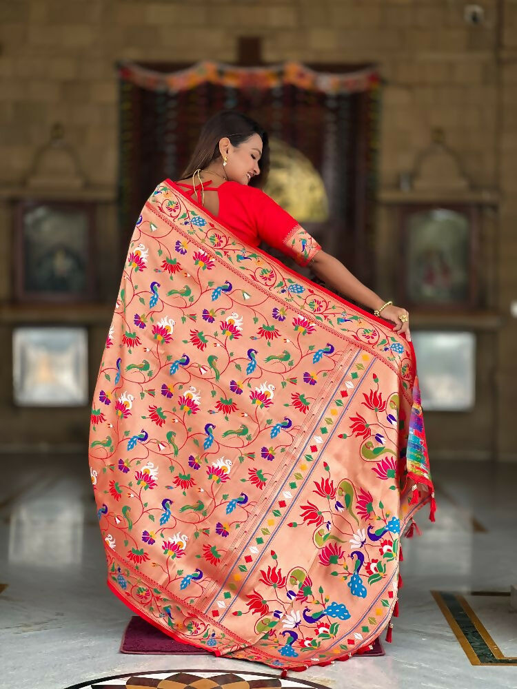 Red Kanjivaram Paithani Silk Saree with Zari Meenakari